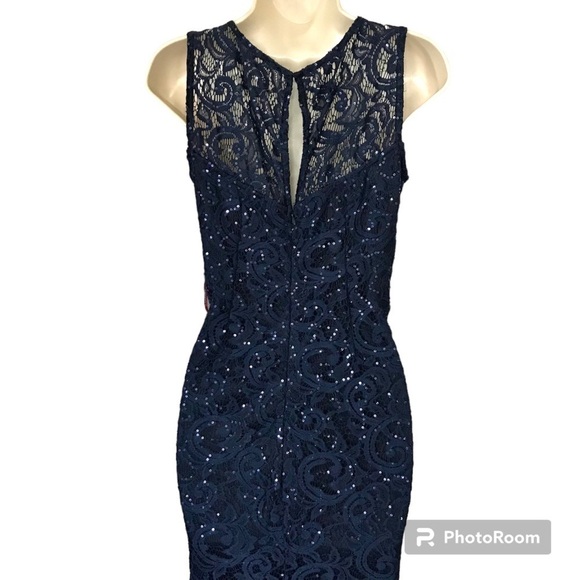 MARINA Navy Illusion Yoke Lace Gown Sequins Dress Size 8 NEW WITH TAG - Picture 8 of 15